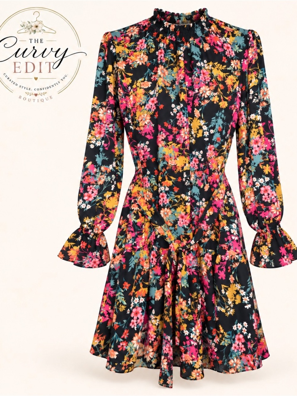 Ophelia Roe Size Large Black Multicolor Floral Tie Waist Mini Dress Romantic
